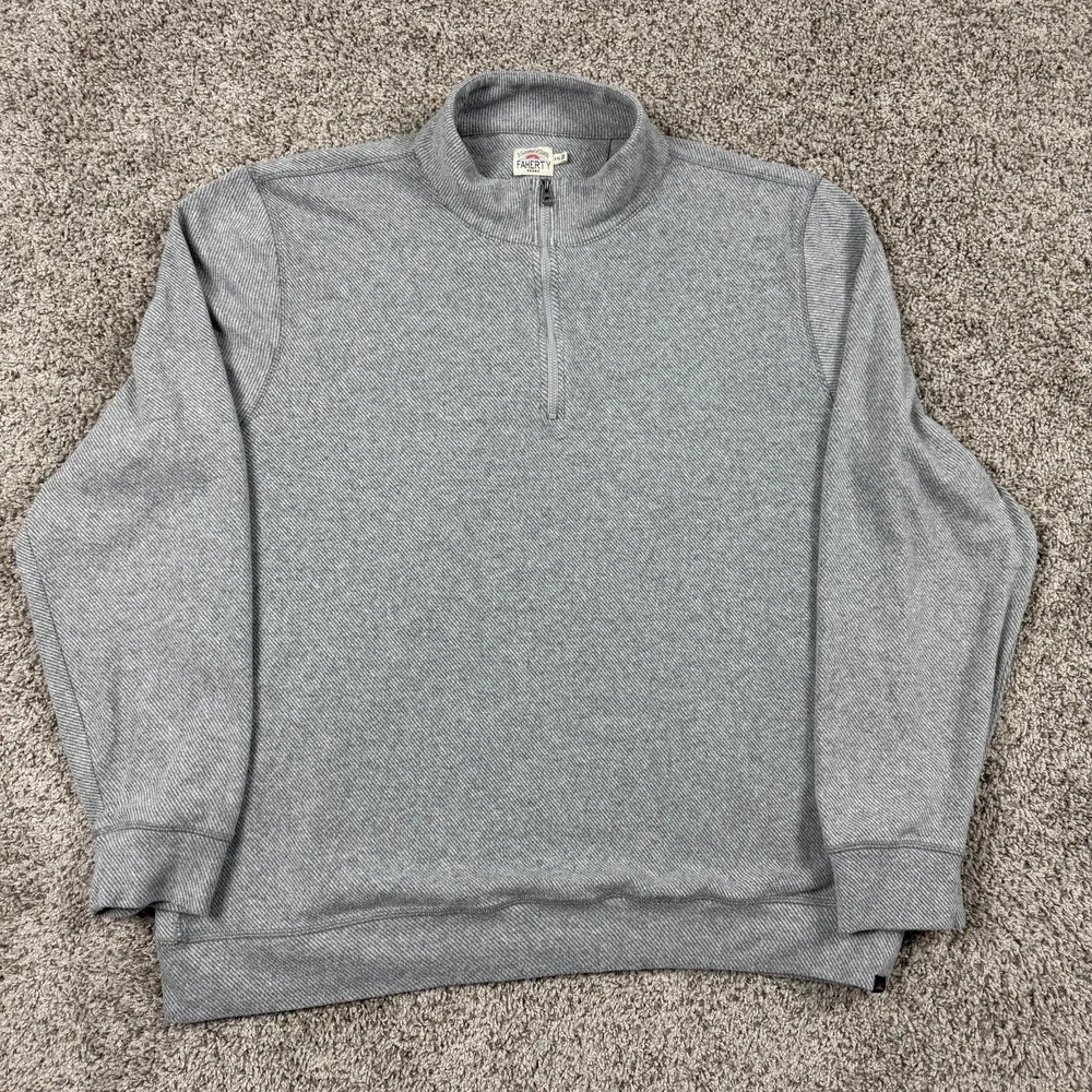 Faherty Sweater Mens 2XL Gray Herringbone 1/4 Zip Mock Neck Knit Pullover XXL